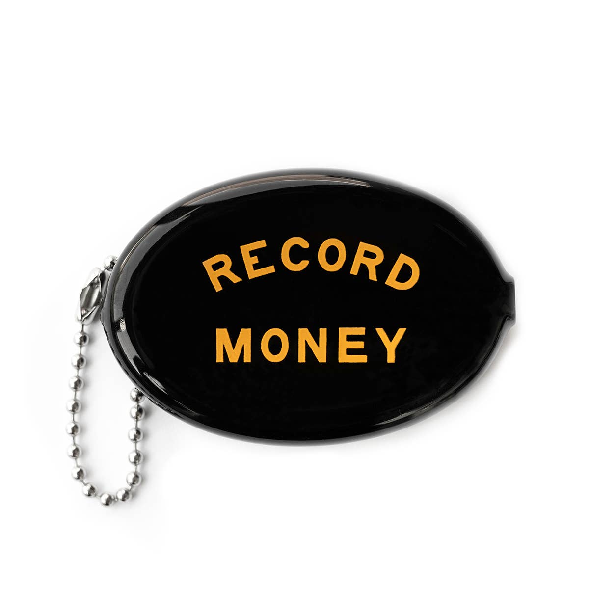 Black rubber coin pouch with “Record Money” in gold